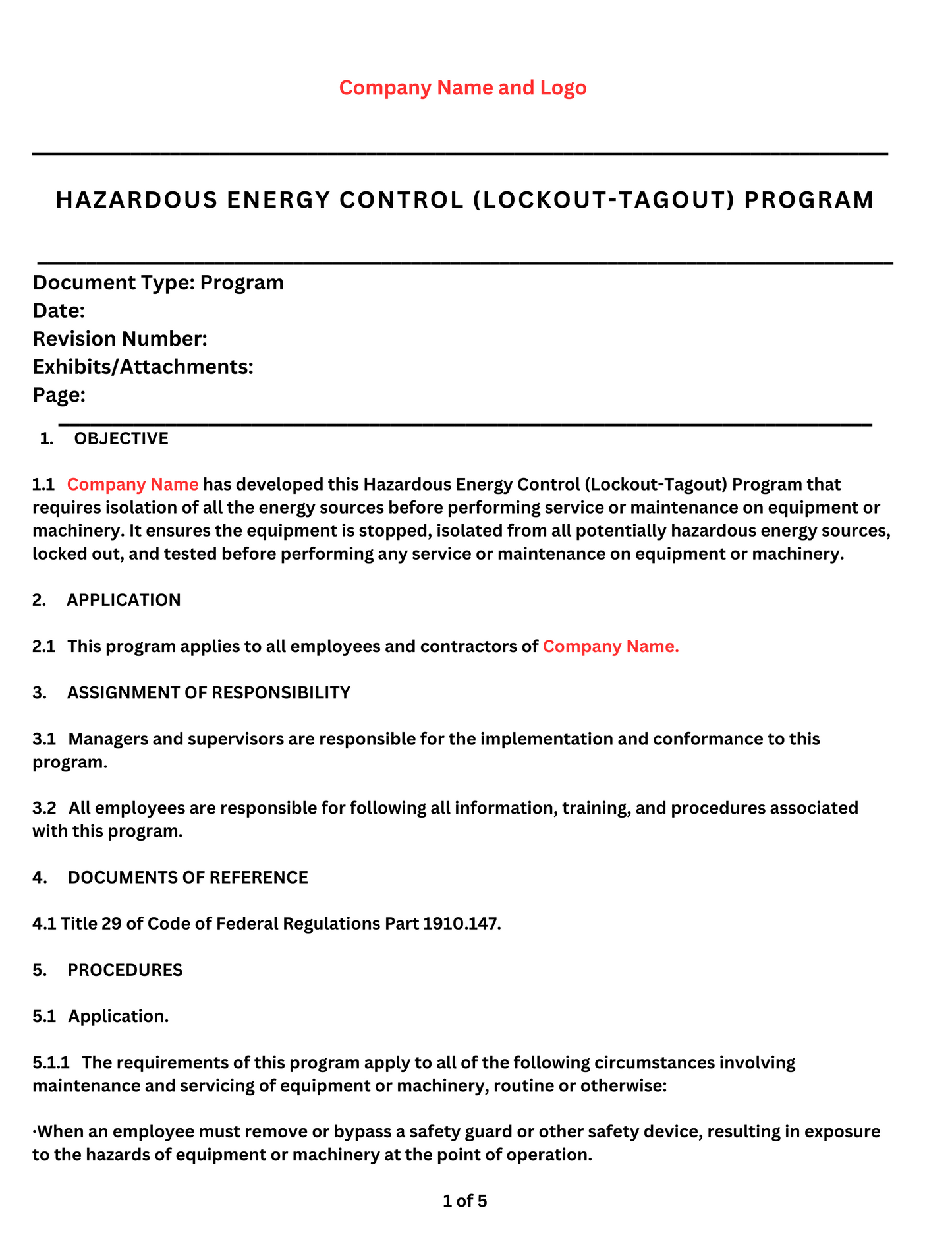 Lock Out Tag Out Program 