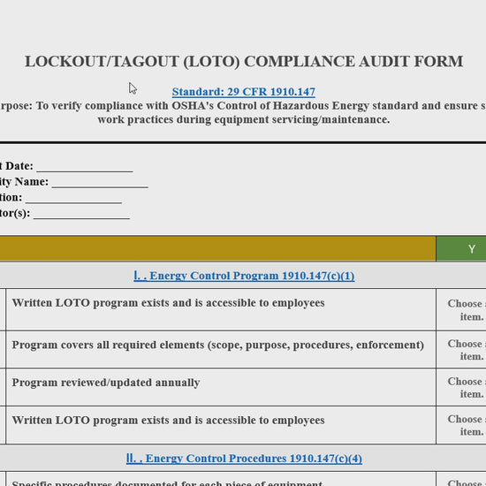 OSHA 1910 pcompliance checklist-General industry- safety audit templates- OSHA 10 -General Industry -training materials-OSHA 29 CFR 1910- compliance-Lockout/Tagout (LOTO)-safety checklist-
