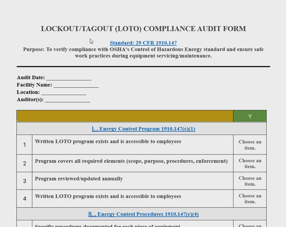 OSHA 1910 pcompliance checklist-General industry- safety audit templates- OSHA 10 -General Industry -training materials-OSHA 29 CFR 1910- compliance-Lockout/Tagout (LOTO)-safety checklist-